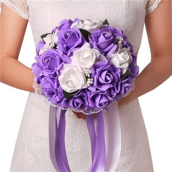 Wedding Bouquet for Bride, Artificial Purple Flower for Wedding,White & Lavender - Picture 4 of 7